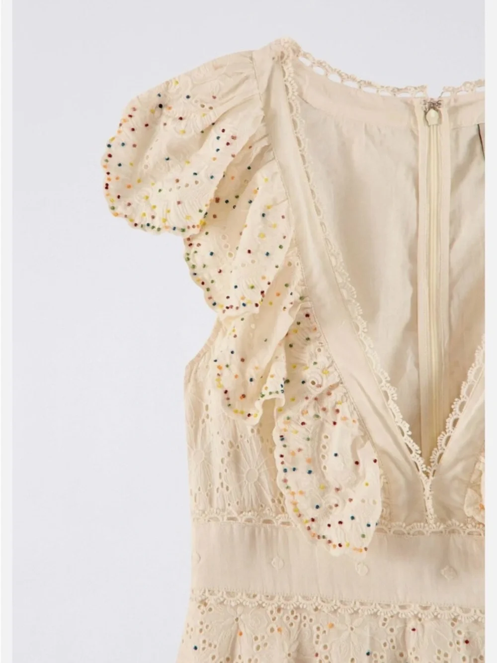 FARM Rio Ivory Eyelet Ruffle V-Neck Dress with Multicolor Beaded Dots - Picture 8 of 16